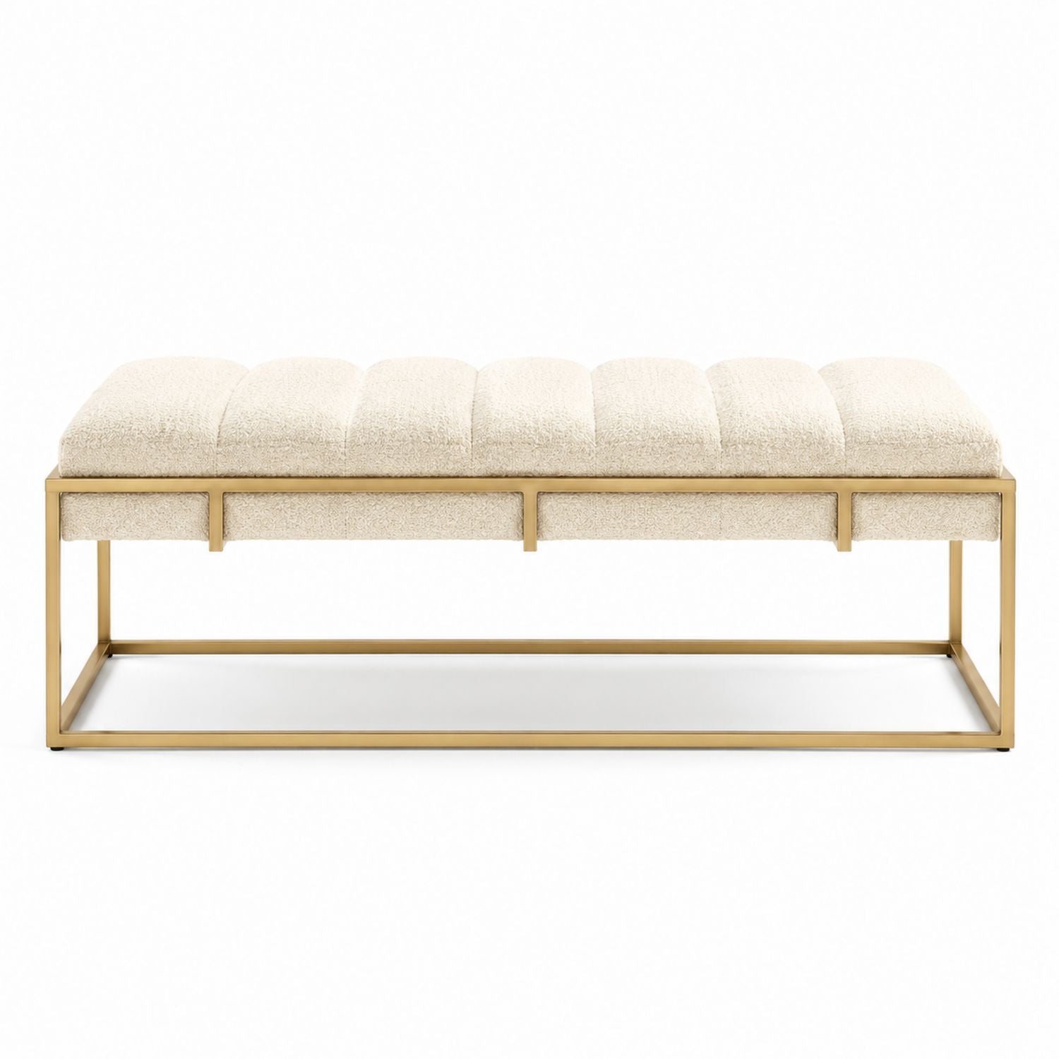 Boucle Fabric Bench with Brass Frame Ivory 120cm