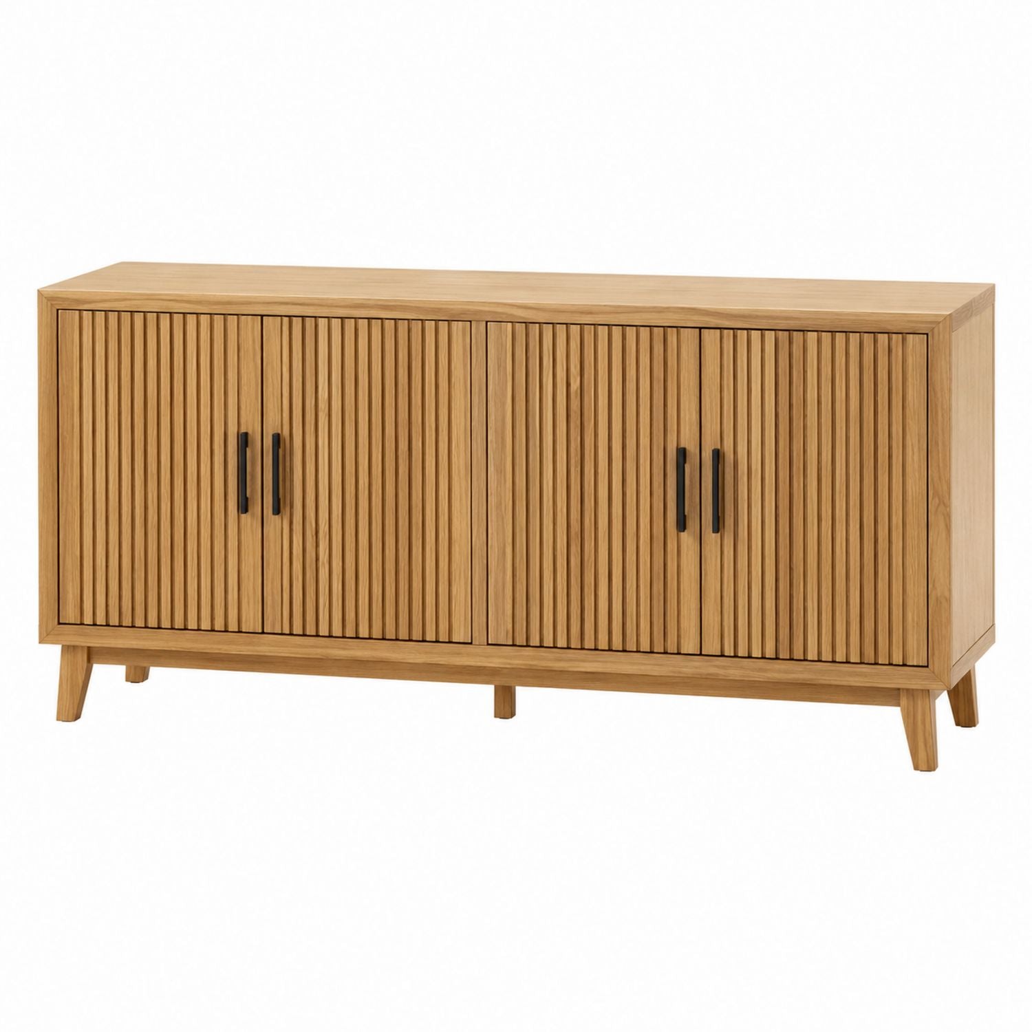 Wood TV Stand with Slatted Doors and Tapered Legs Natural Finish 150cm