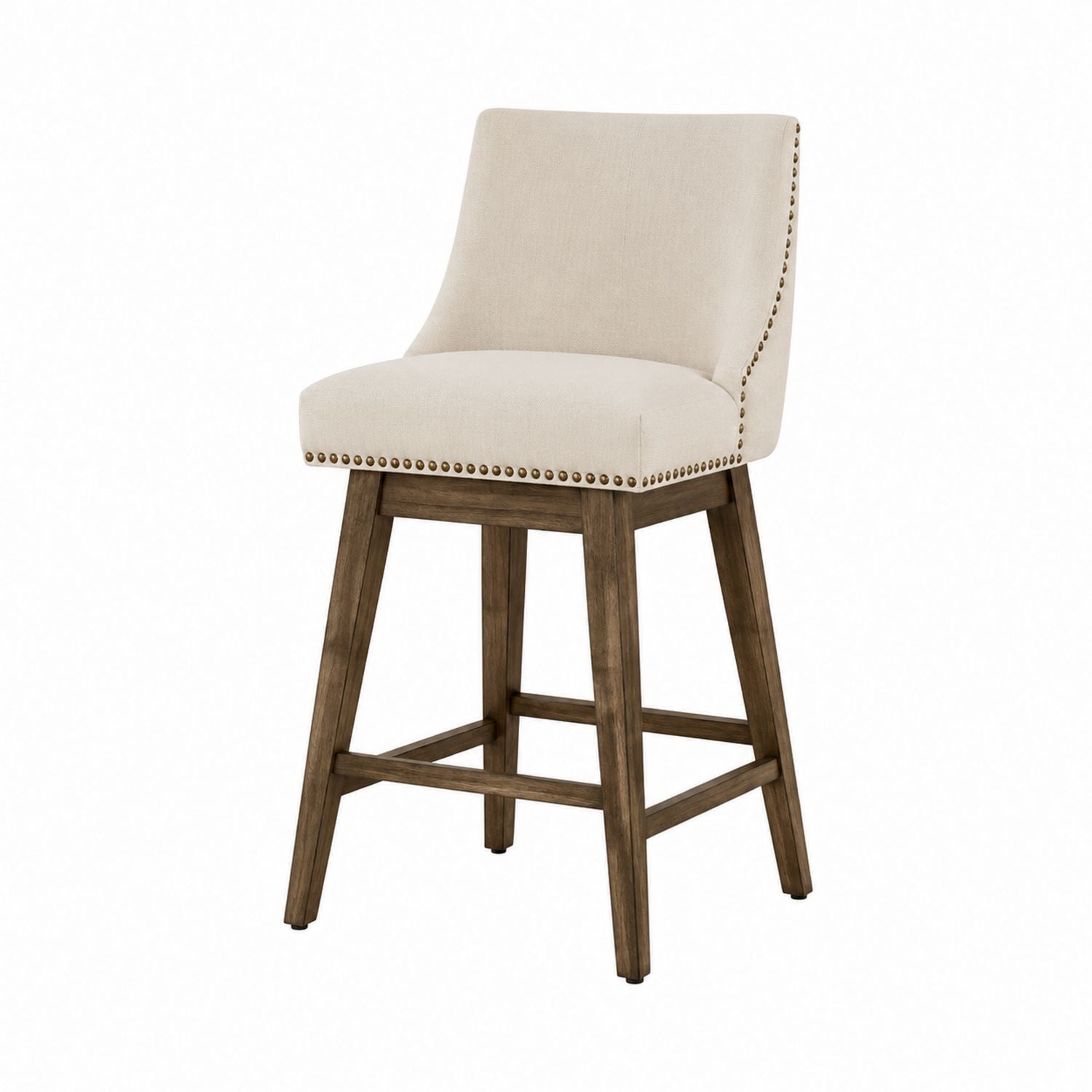 Upholstered Bar Stool Wood Frame Beige Fabric with Nailhead Trim 100cm