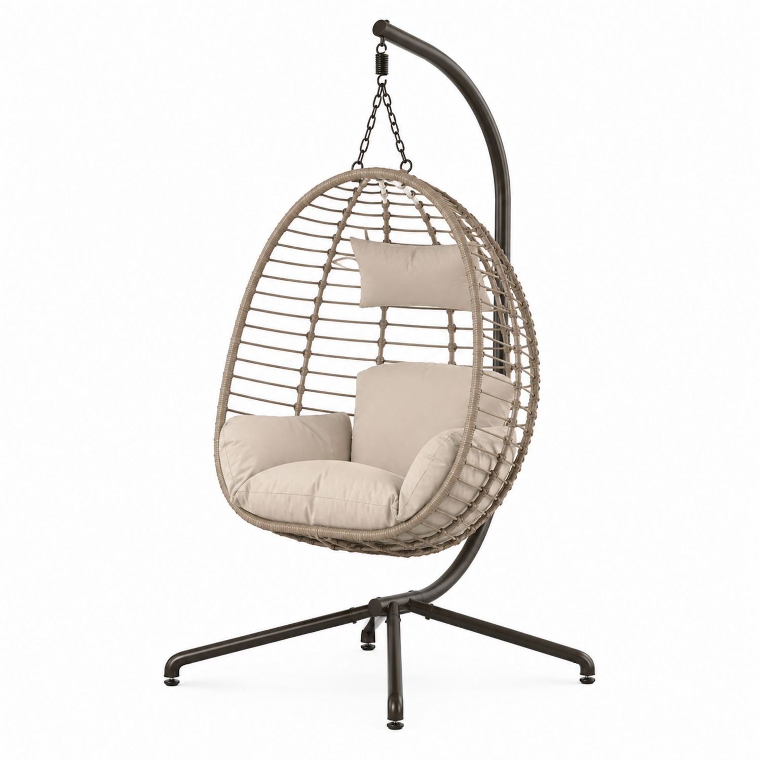 Outdoor Hanging Egg Chair with Steel Frame and Beige Cushions