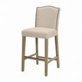 Beige Upholstered Bar Stool with Wood Frame and Nailhead Trim