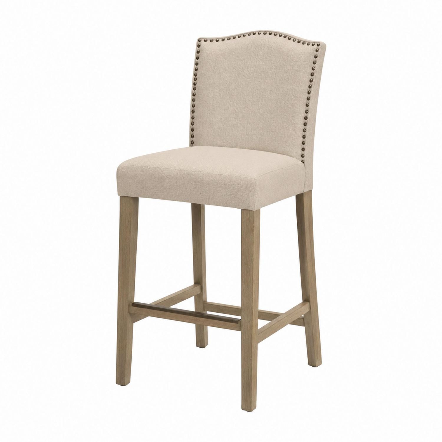 Beige Upholstered Bar Stool with Wood Frame and Nailhead Trim
