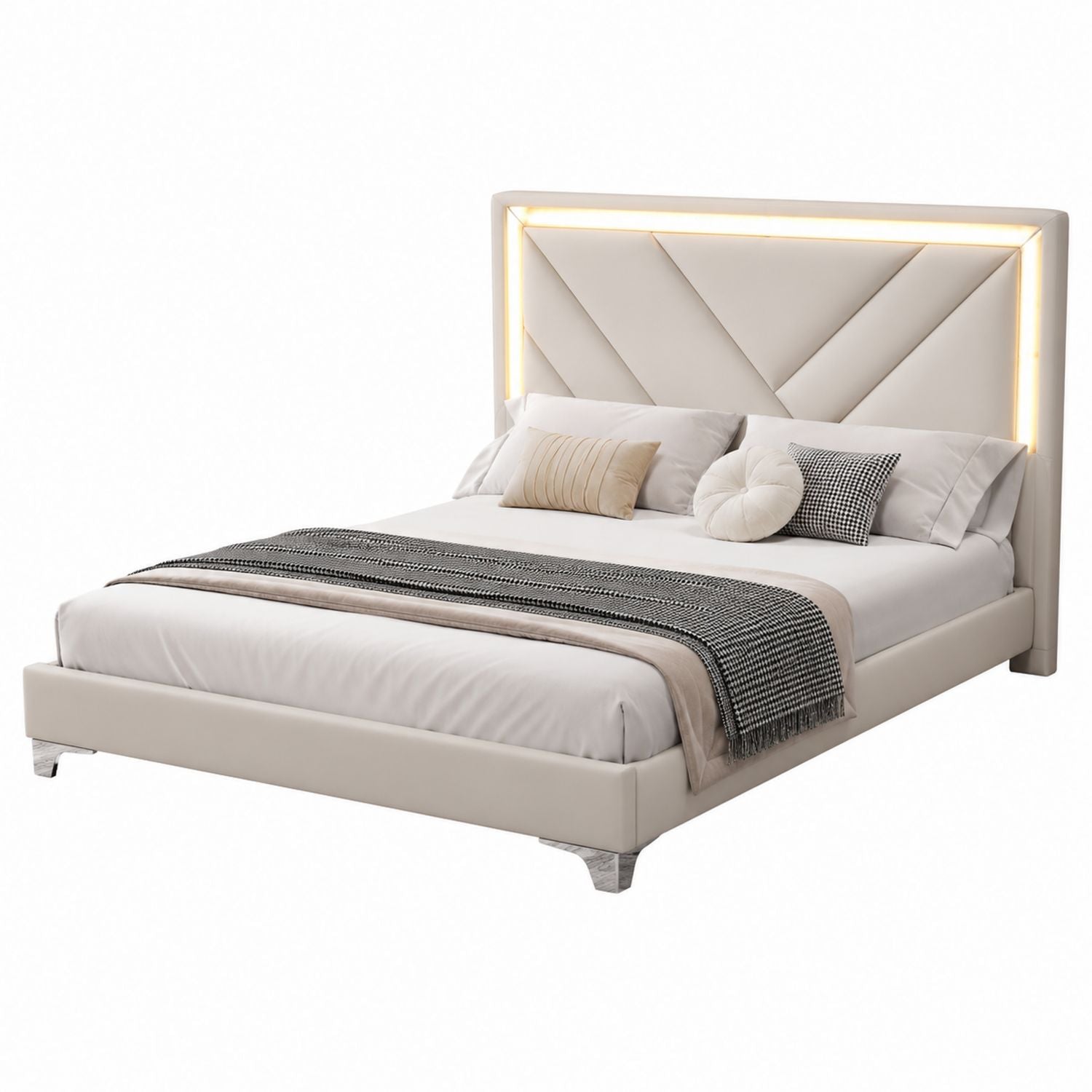 Queen Size Faux Leather Bed with LED Headboard Beige