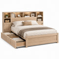 Oak Wood Queen Storage Bed with Headboard Shelves and Drawers
