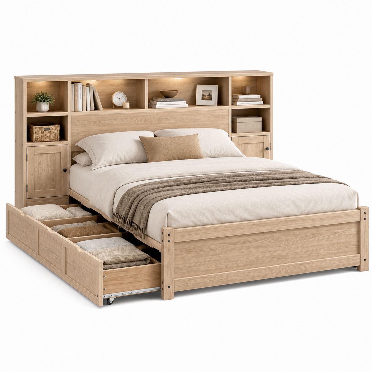Oak Wood Queen Storage Bed with Headboard Shelves and Drawers
