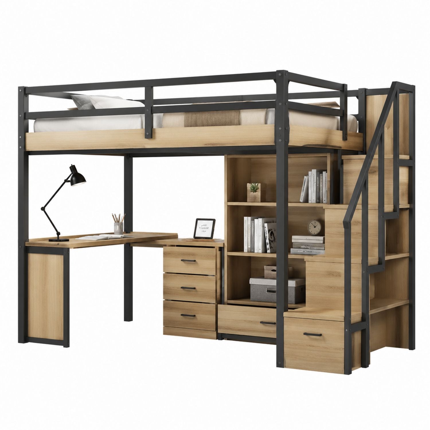 Loft Bed Frame Wood and Metal Black/Natural with Desk and Storage