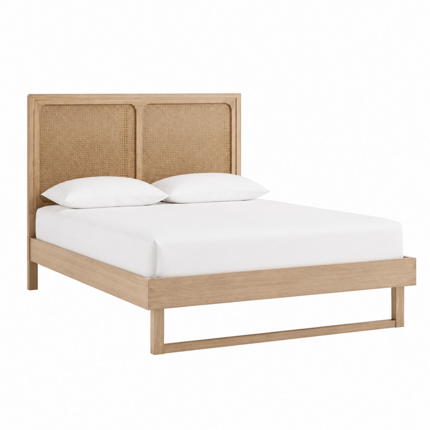 Queen Size Oak Wood Bed with Rattan Headboard