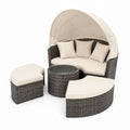 Outdoor Rattan Daybed Set with Cushions and Adjustable Canopy, Beige/Gray