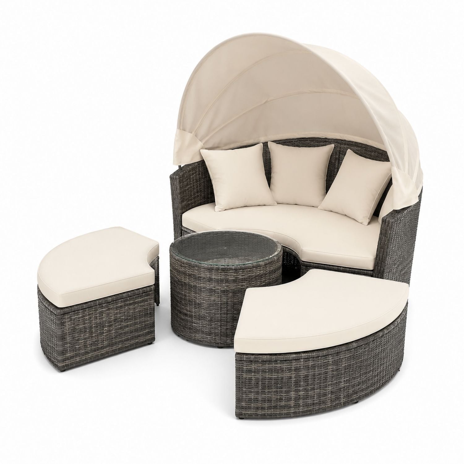 Outdoor Rattan Daybed Set with Cushions and Adjustable Canopy, Beige/Gray