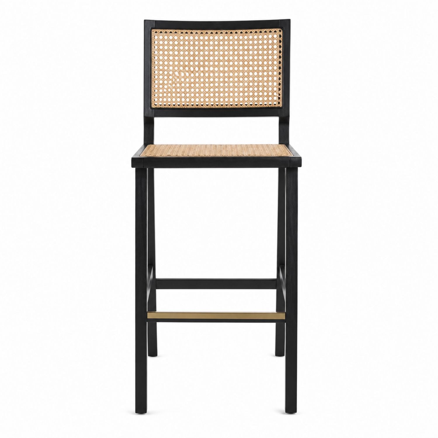 Wood Bar Stool with Rattan Seat and Back Black/Natural 45cm Width