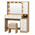 Wood Vanity Set with LED Mirror Lights and Stool Oak/White