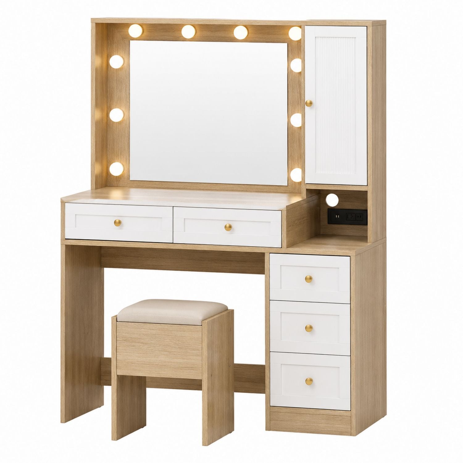 Wood Vanity Set with LED Mirror Lights and Stool Oak/White