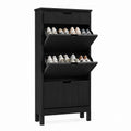 Black Engineered Wood Shoe Cabinet with Tilt-Out Doors and Three Shelves