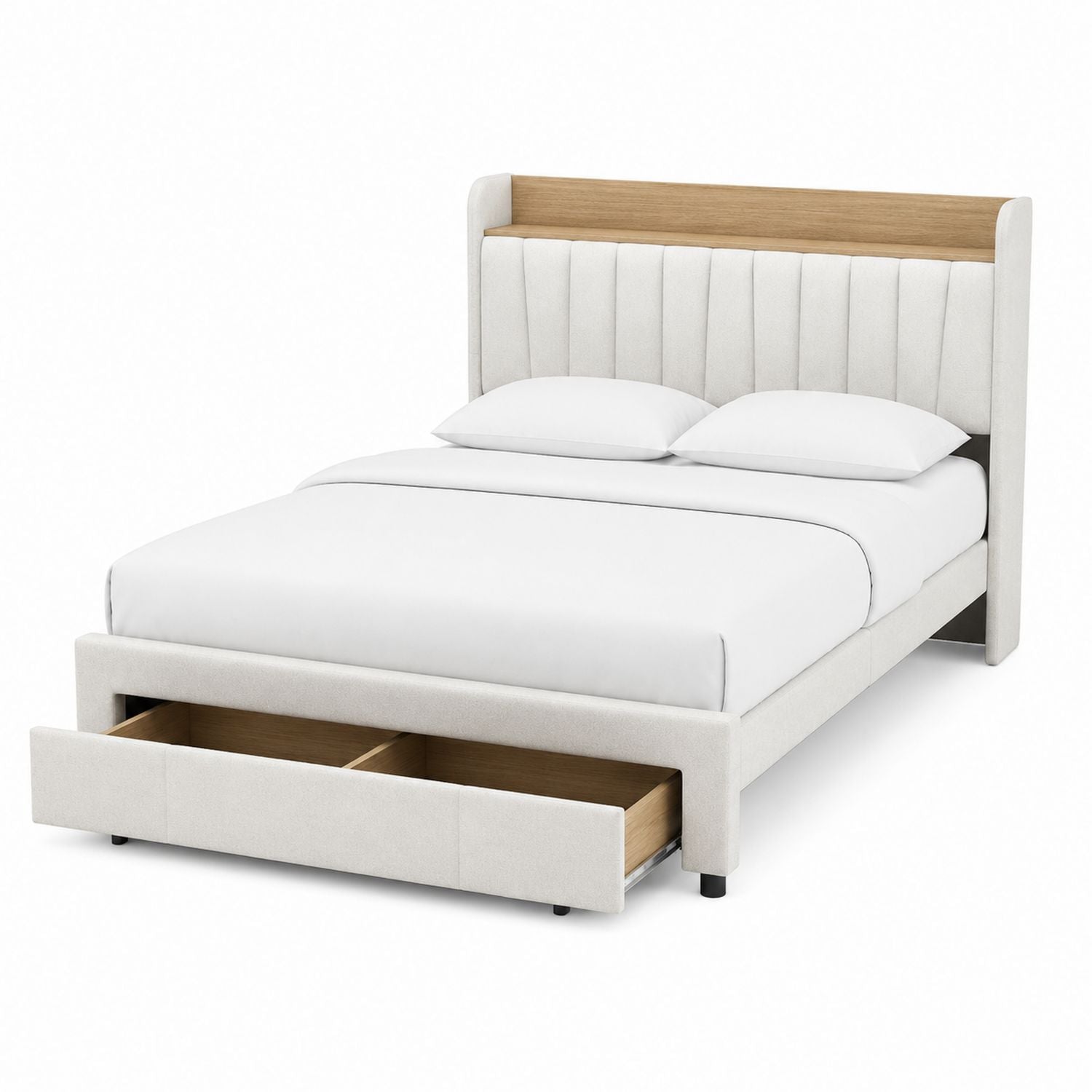 Beige Polyester Queen Bed with Storage Drawers