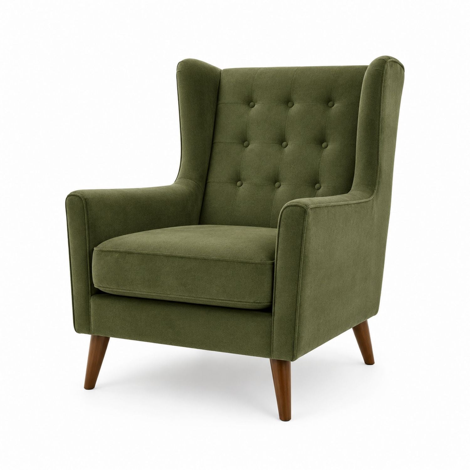 Green Fabric Wingback Armchair with Wood Legs