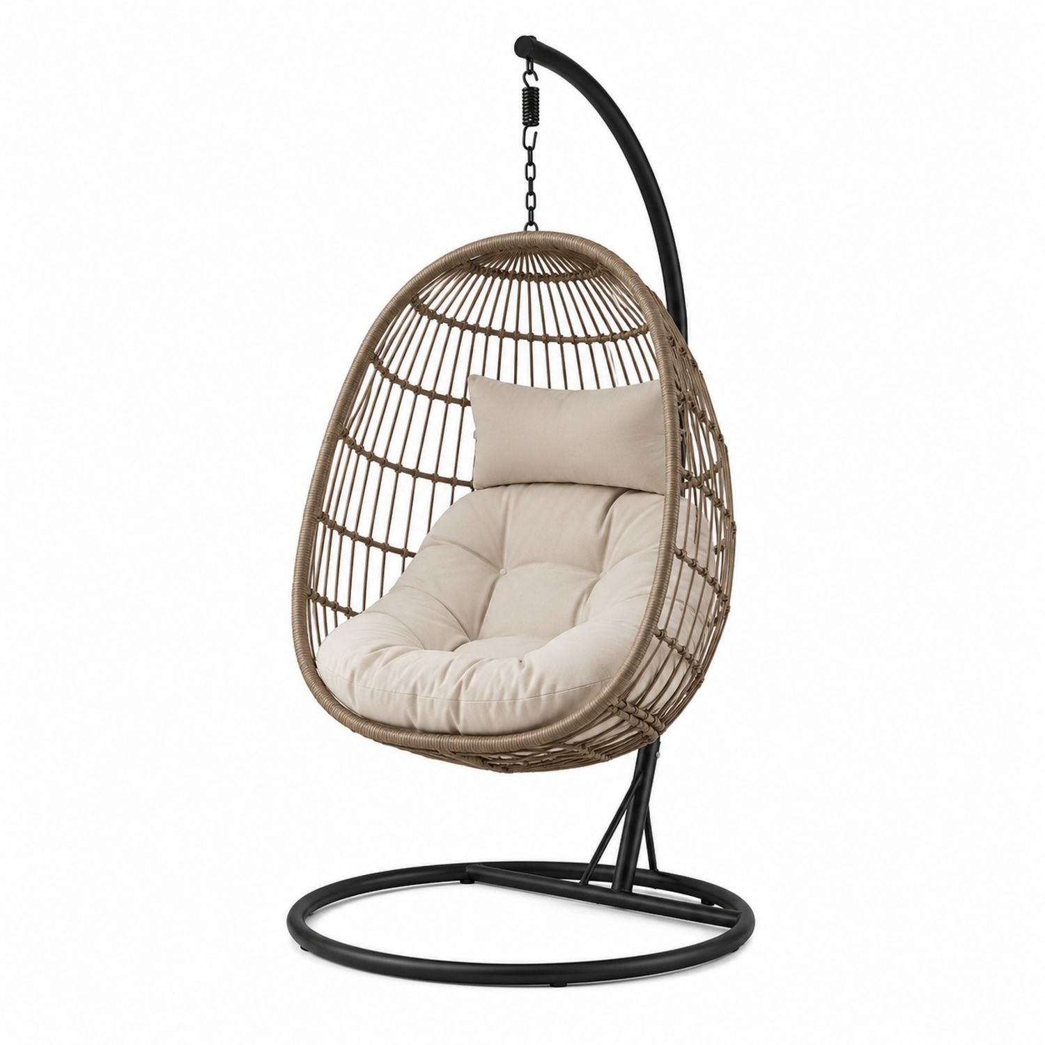 Rattan Hanging Egg Chair with Steel Frame and Beige Cushions