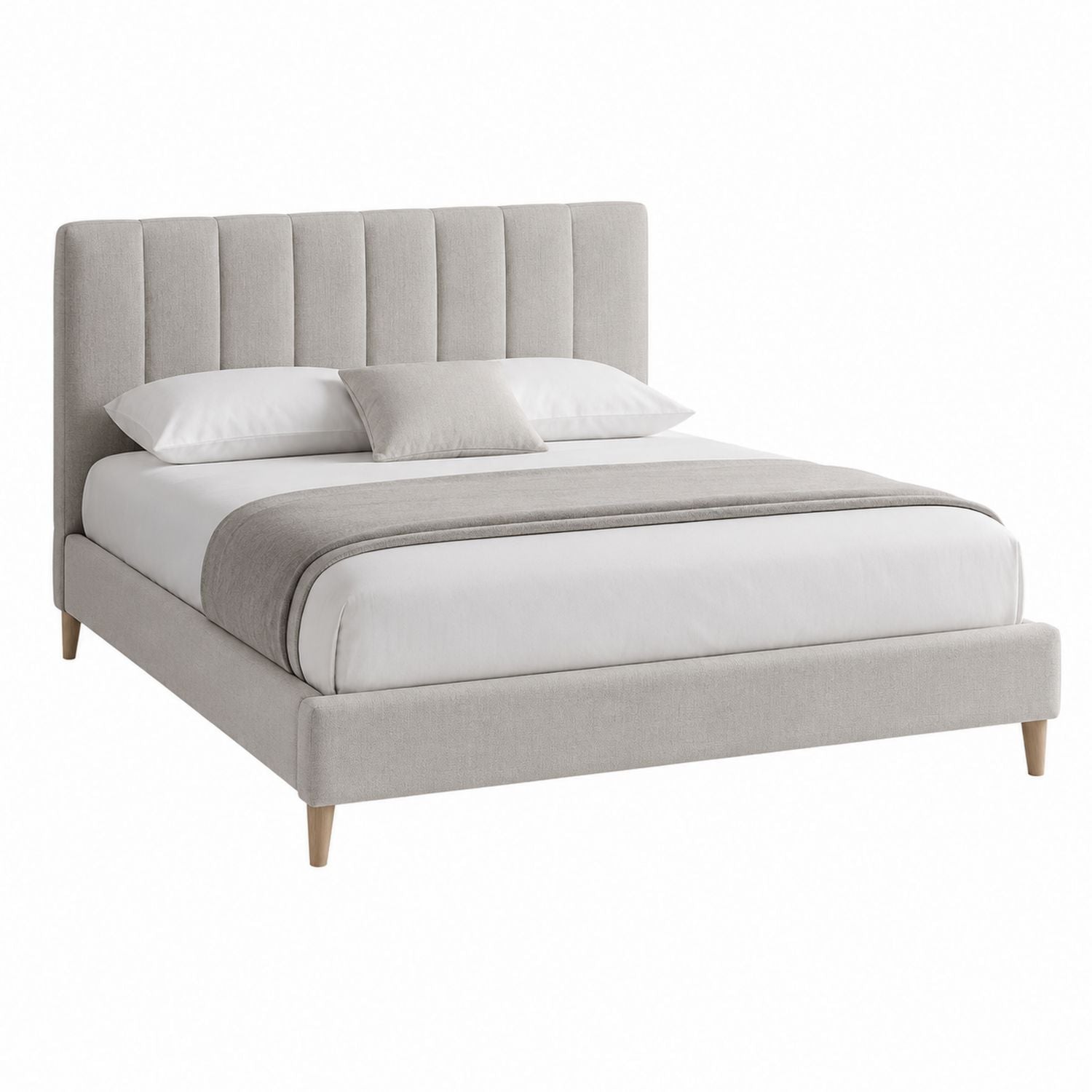 Queen Linen Fabric Platform Bed Light Gray with Channel Tufted Headboard