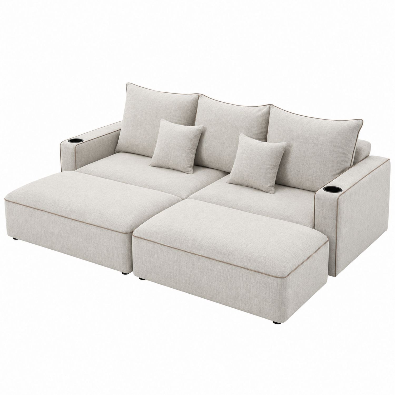 Beige Polyester Sectional Sofa Set with Chaise and Cup Holders