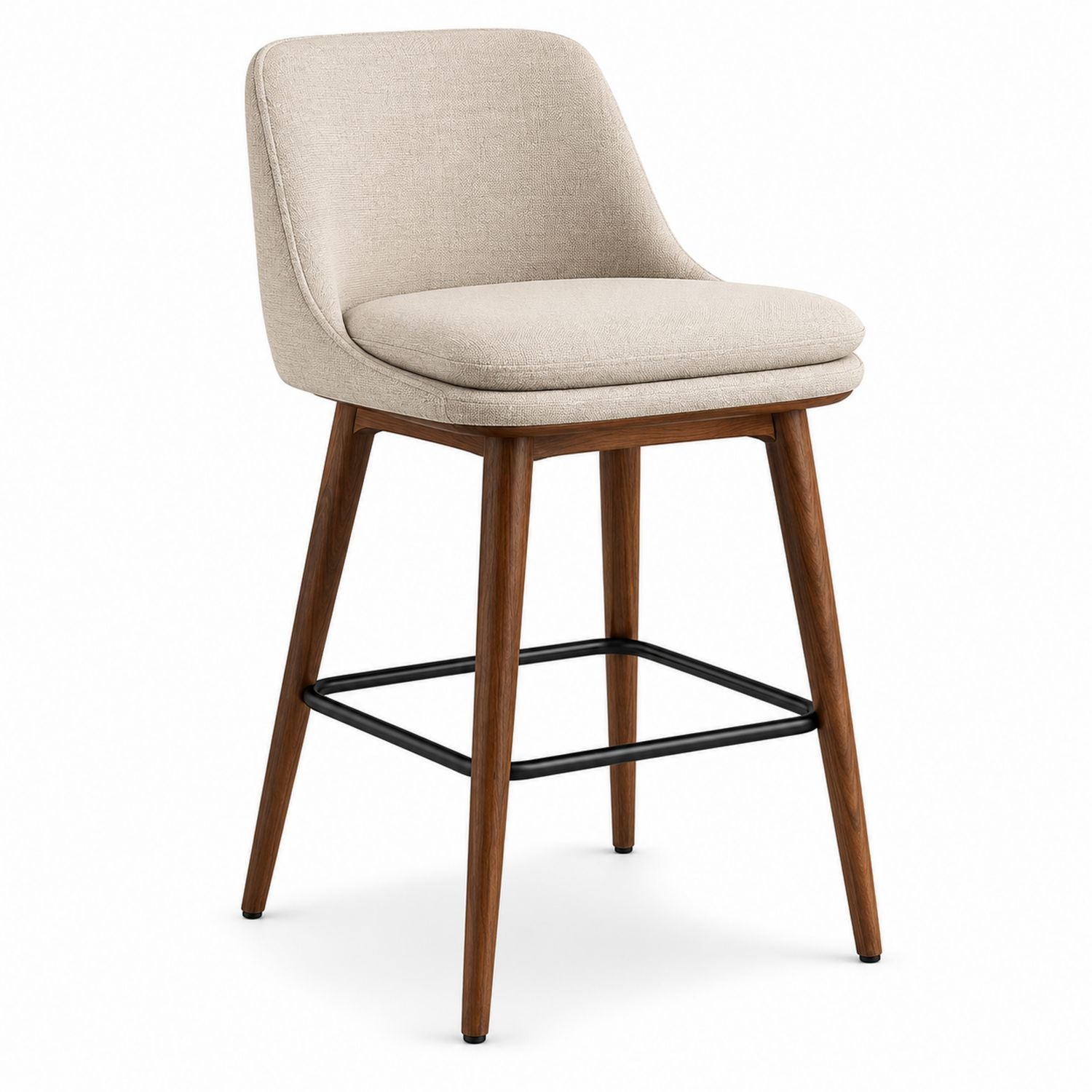Bar Stool with Linen Fabric and Walnut Wood Legs Beige 24-Inch