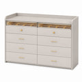 Wood Dresser with Tempered Glass Top and Gold Handles Gray 8-Drawer 120x45x85 cm