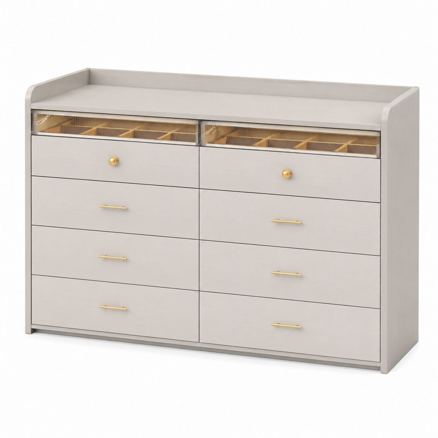 Wood Dresser with Tempered Glass Top and Gold Handles Gray 8-Drawer 120x45x85 cm
