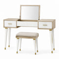 Wood and Metal Vanity Set with Mirror and Stool Beige/White