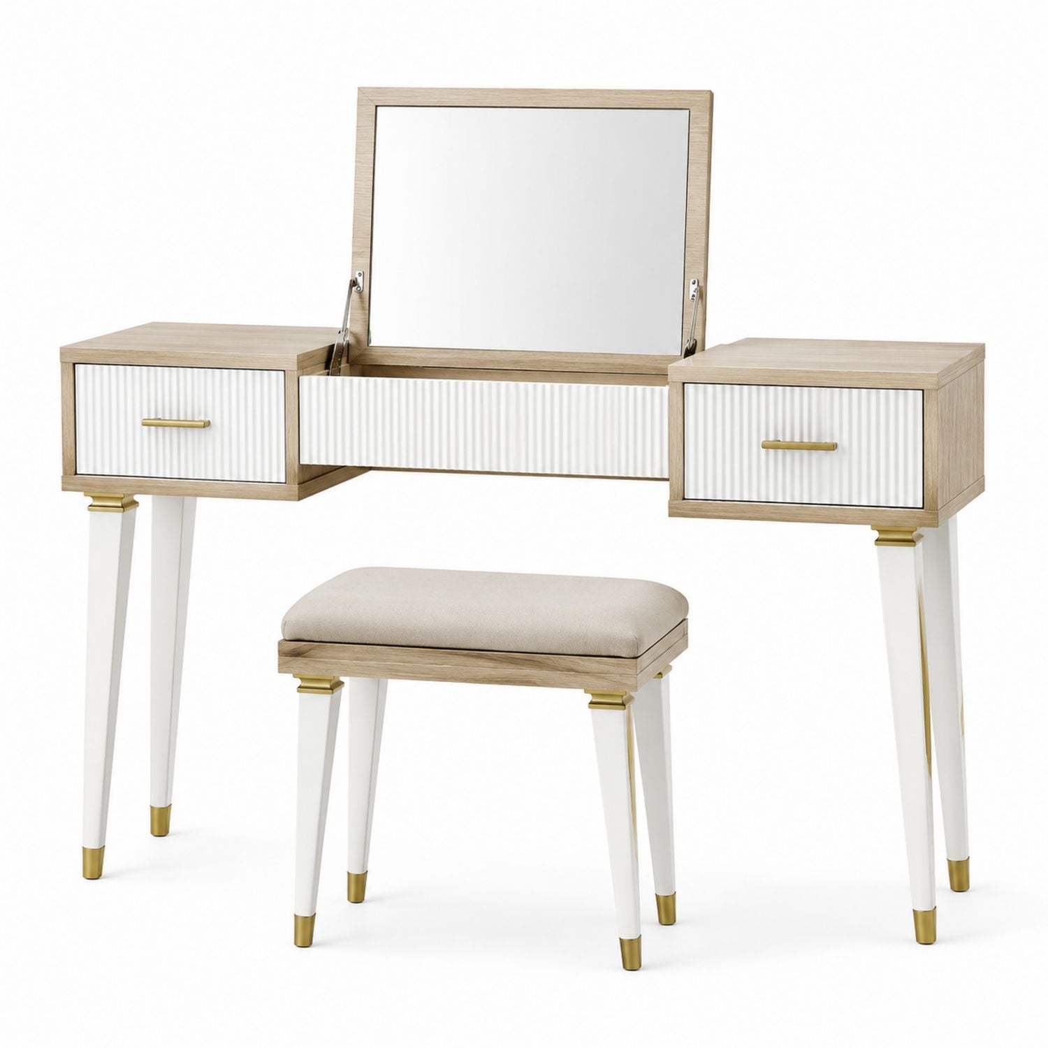 Wood and Metal Vanity Set with Mirror and Stool Beige/White