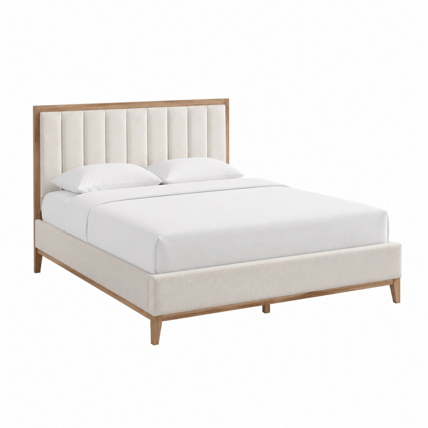 Wood Bed Frame with Fabric Upholstery and Vertical Panel Headboard, Beige, Queen Size