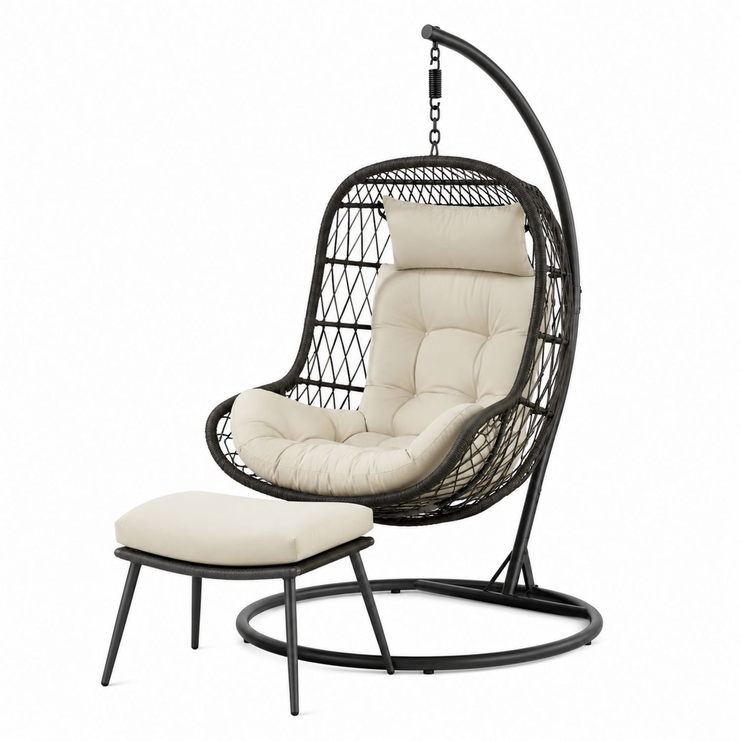 Wicker Outdoor Hanging Egg Chair Set with Beige Cushions and Stand