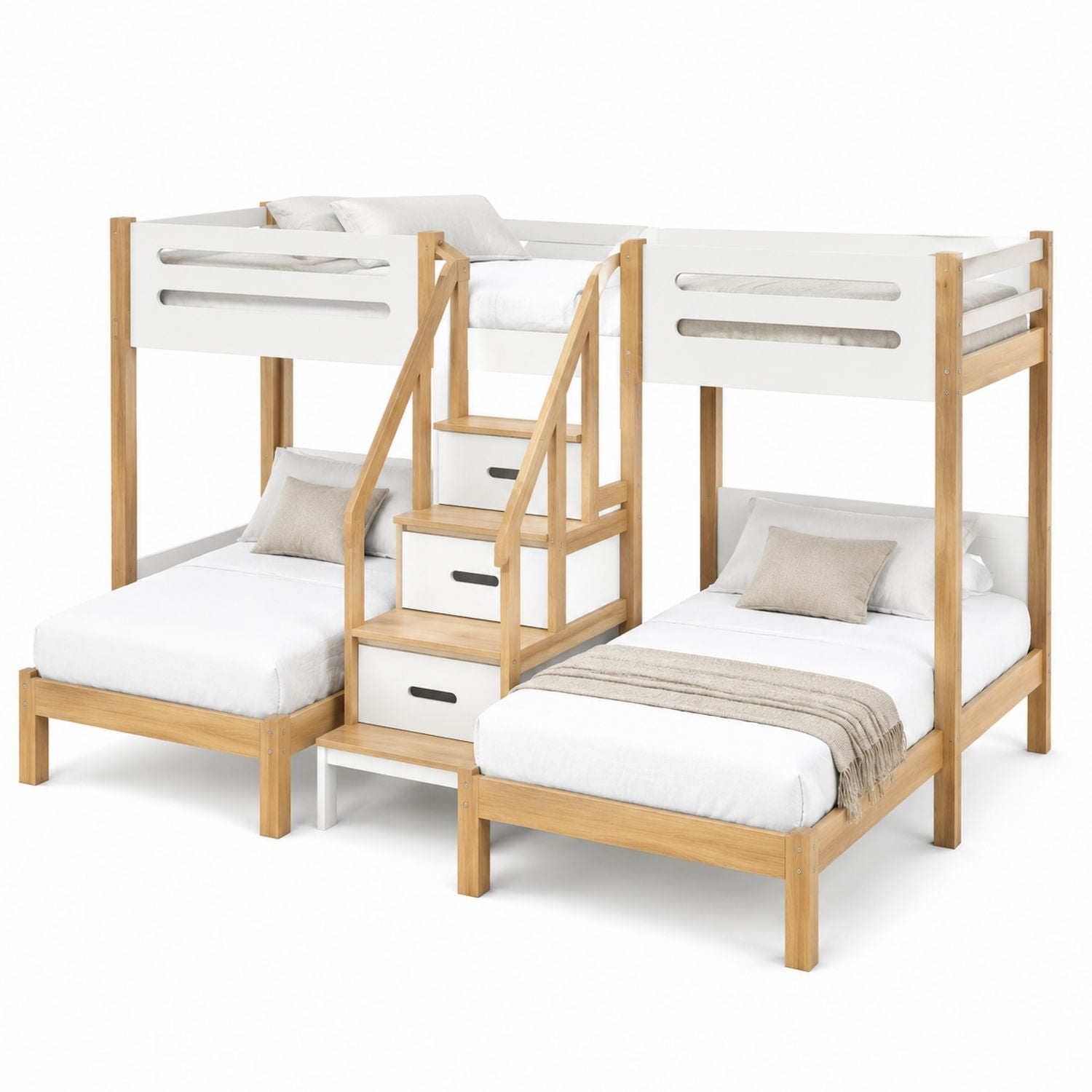 Wood and White Triple Bunk Bed with Storage Drawers