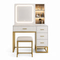 LED Vanity Set with Mirror and Stool Gold Metal Frame White